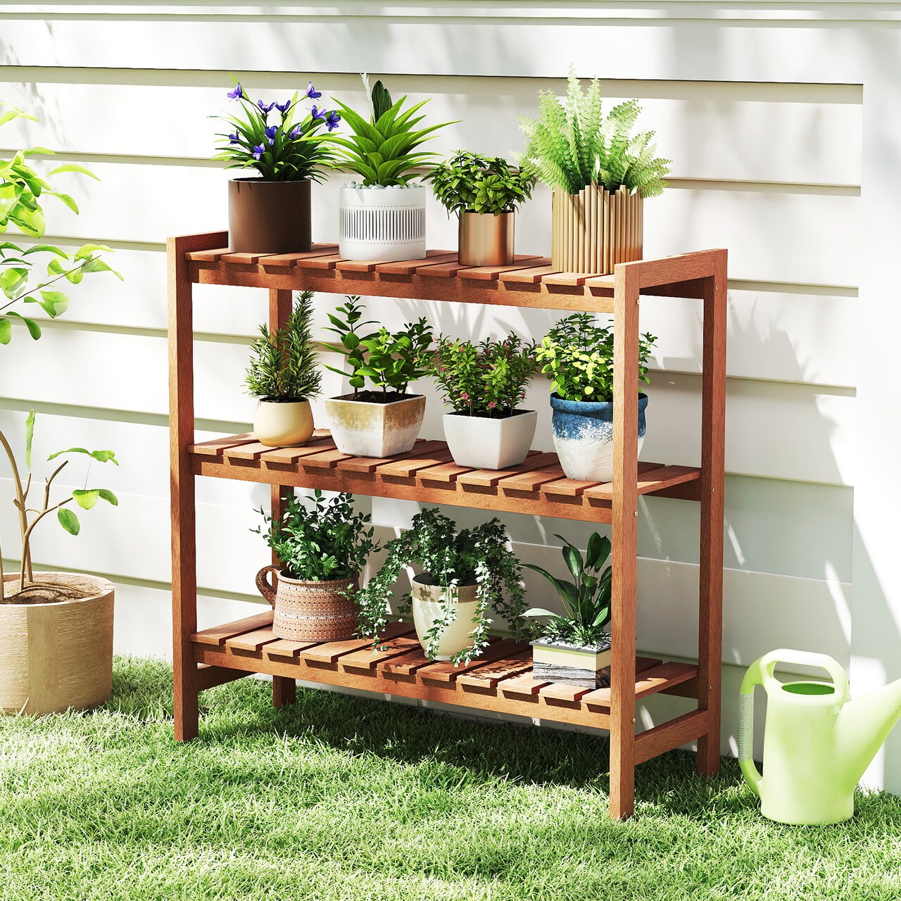 3-Tier Solid Wood Plant Stand Natural Flower Display Shelf Indoor Outdoor Garden Organizer